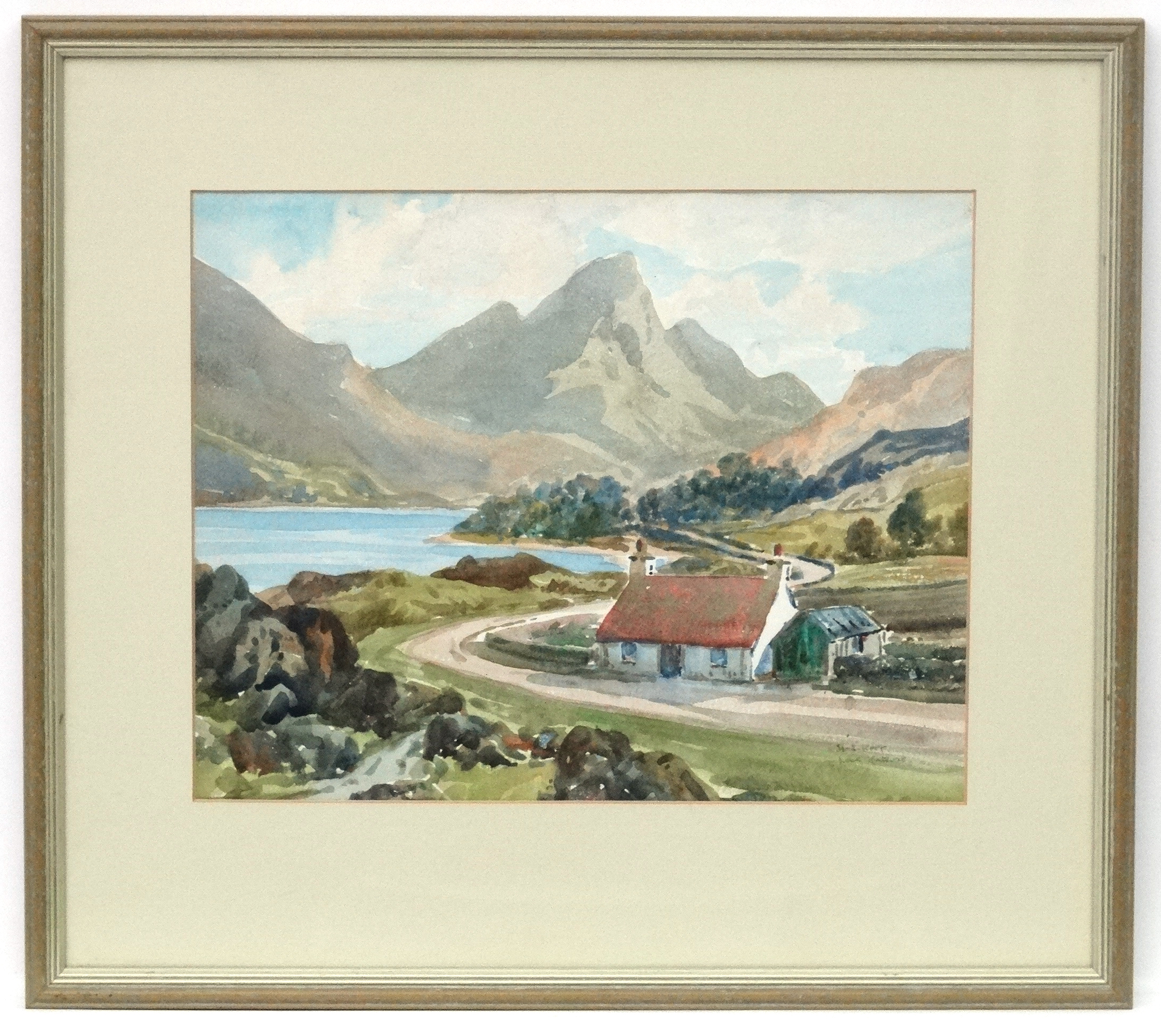 H J Kerr Scottish School, Watercolour, ' Loch Katrine ' , a crofter's cottage in the Trossachs,