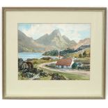 H J Kerr Scottish School, Watercolour, ' Loch Katrine ' , a crofter's cottage in the Trossachs,