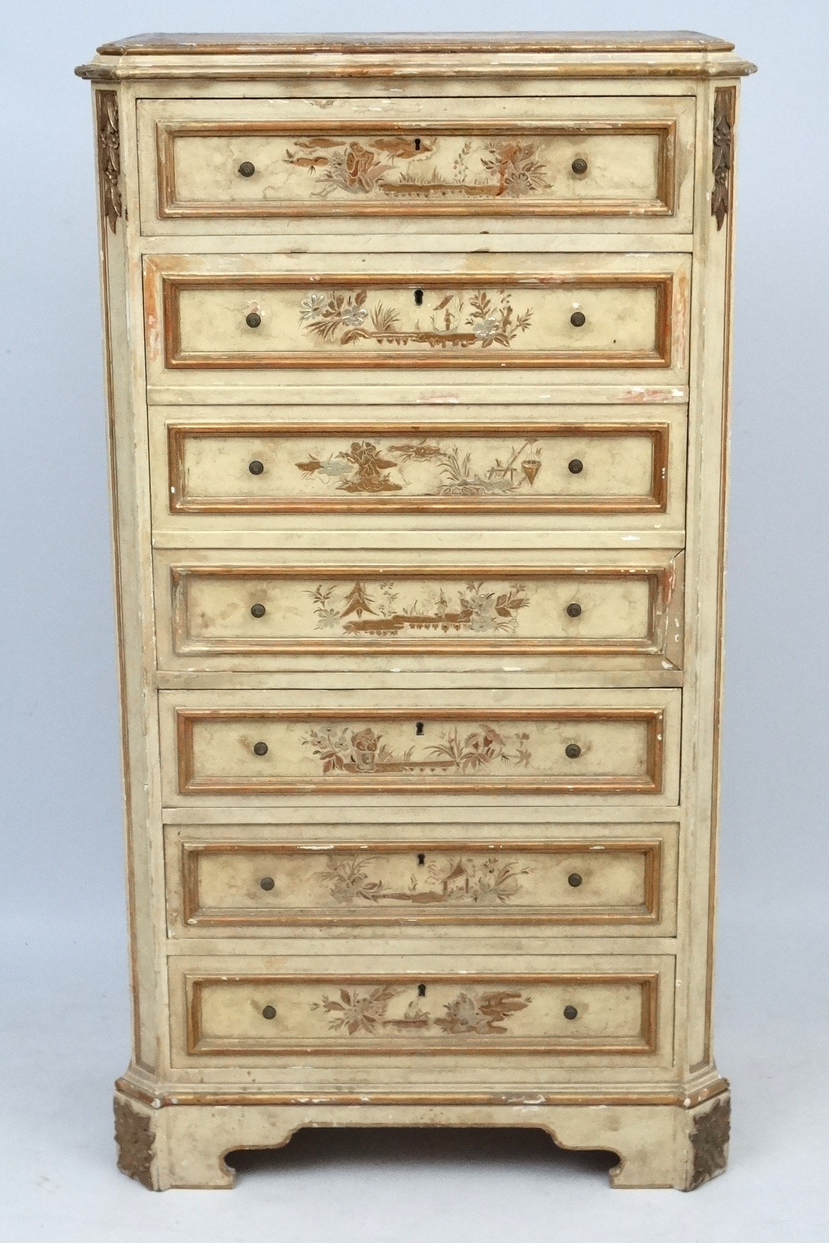 An early 20thC escritoire with gilt and cream Chinoiserie lacquered decoration 32" wide x 57 1/4" - Image 6 of 9