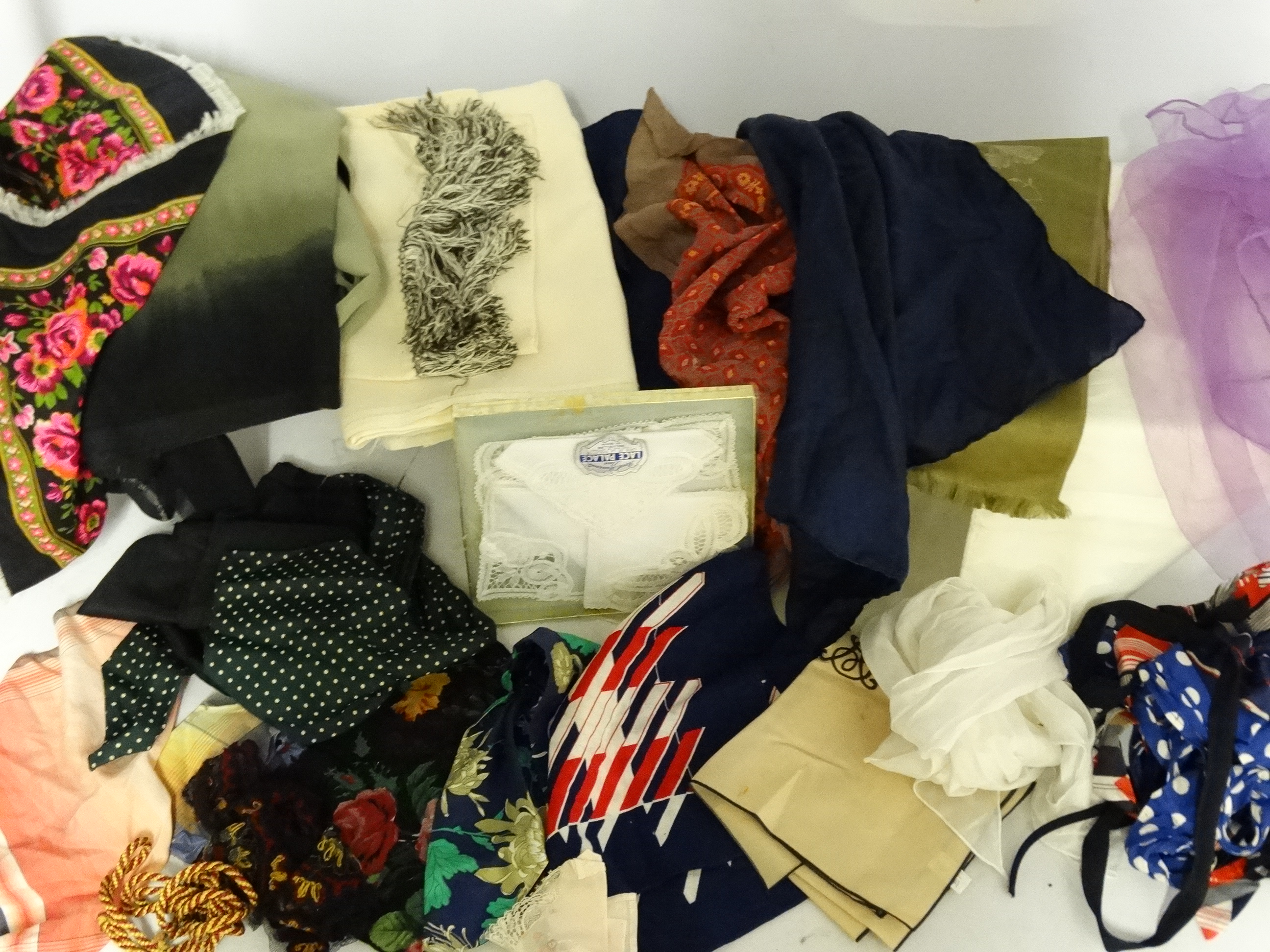 A selection of vintage textiles to include silk Richard Allan scarf, ombre blue silk chiffon scarf, - Image 2 of 12