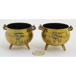 A pair of brass novelty salts formed as miniature 3 footed cauldrons with applied stag decoration.