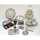 Assorted silver plated wares to include a three tier cake stand, tray, dishes,