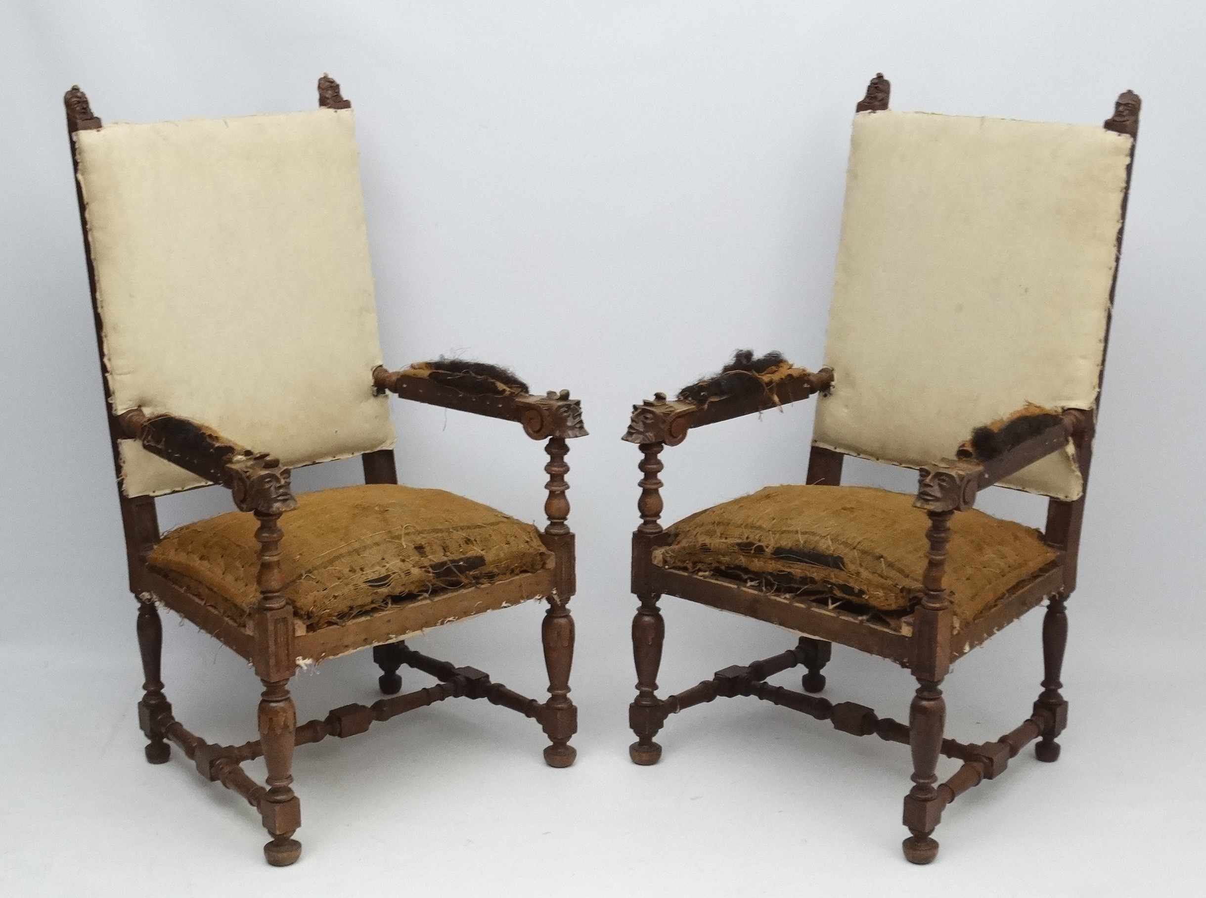 A pair of late 19thC Continental carved oak over sized open arm elbow chairs 49" high - Image 5 of 7