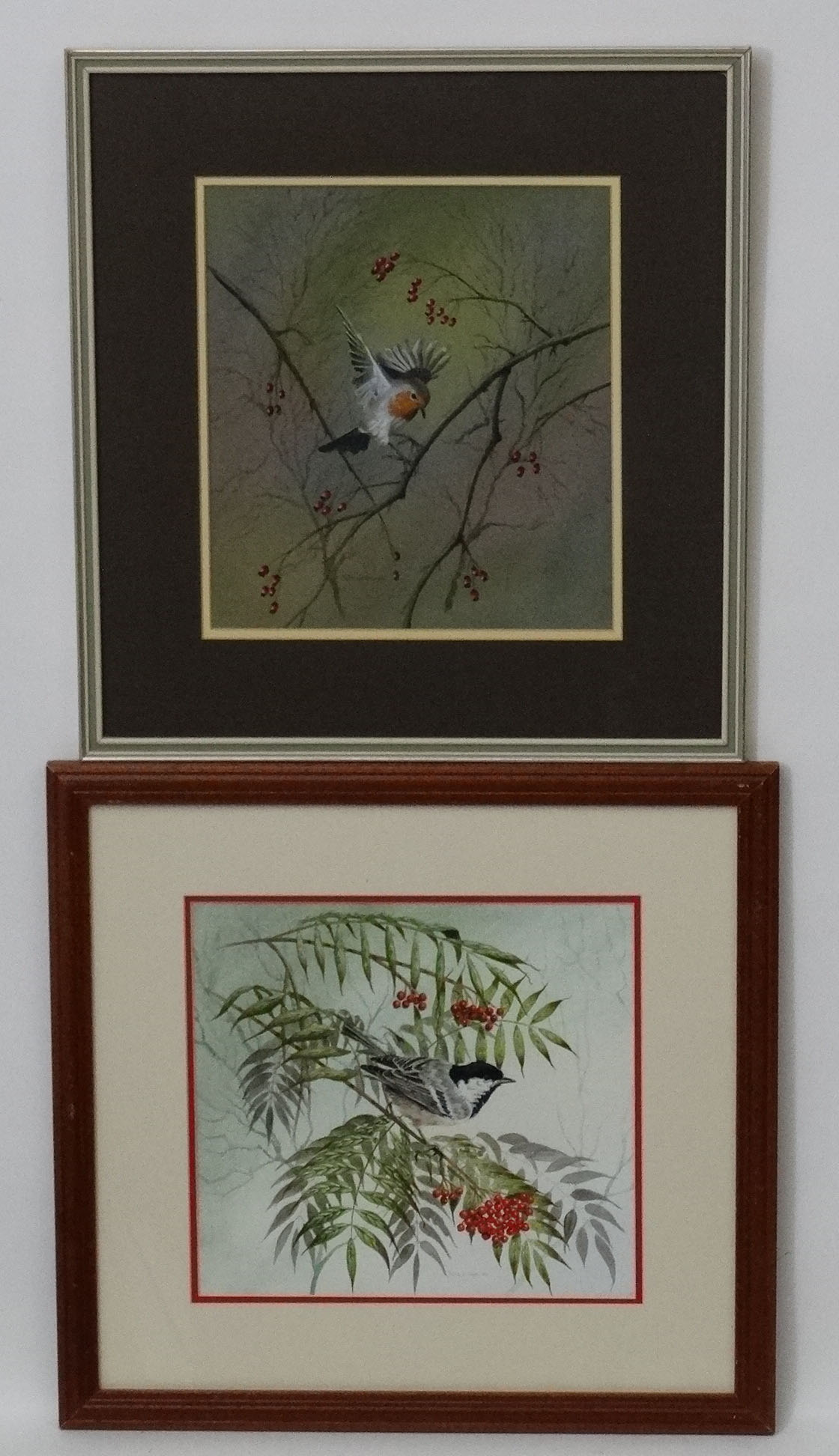 D J S Goodman XX Ornithological School, Gouache , a pair, Robin and Coal Titmouse,