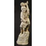 An Japanese ivory Meiji okimono formed as a figure / farmer with fruiting vines. Signed 7 1/.