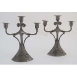 Decorative Metalware : ' Zinn-Stube' A pair of cast pewter 3-branch candleabara with Art Nouveau