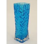 Art Glass : A retro turquoise blue glass vase of tapering form with textured finish.