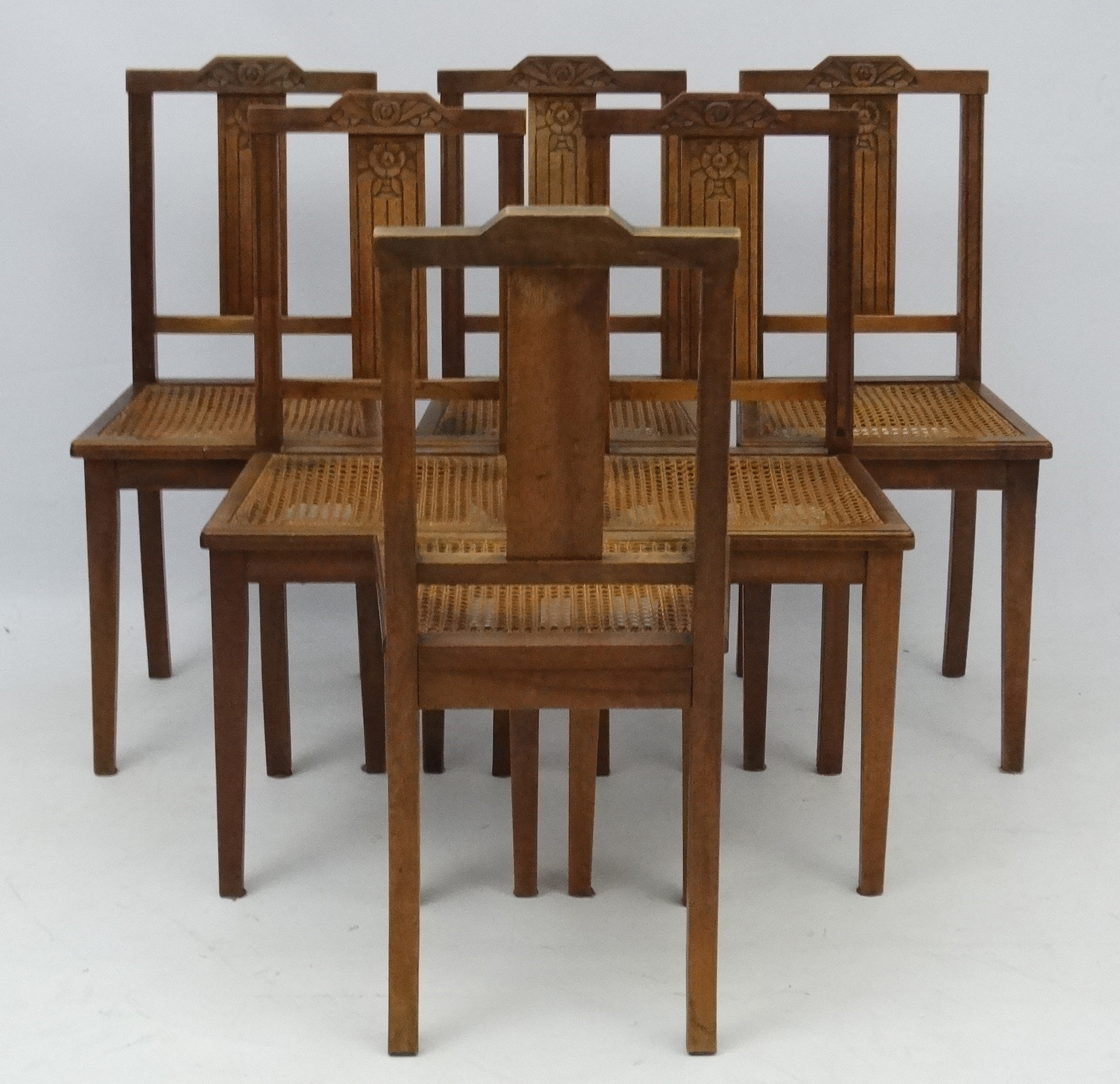 Art Deco : A set of 6 French Walnut Dining chairs with carved back splat and top rail and caned - Image 2 of 5