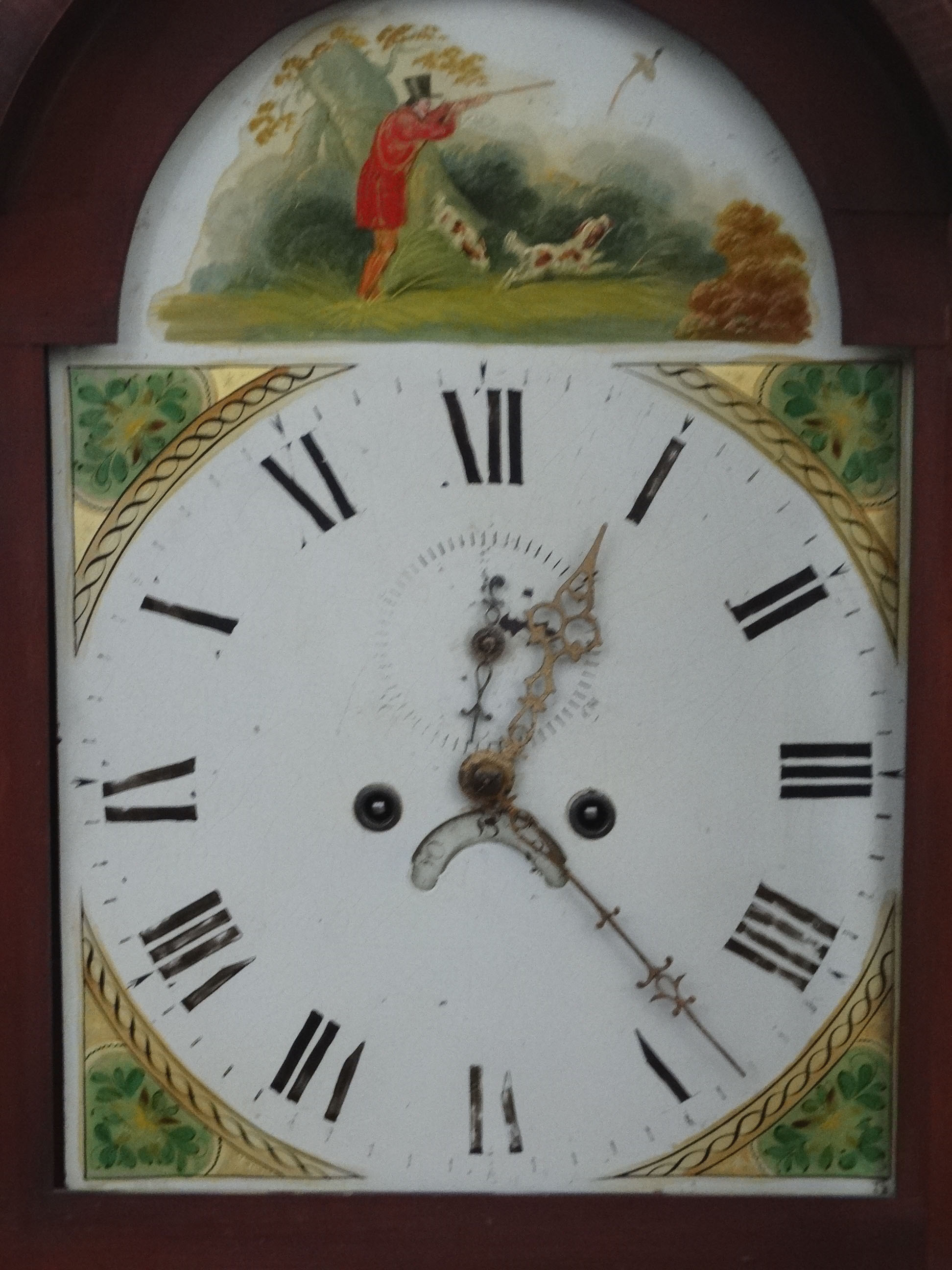 19thC longcase : a Grandfather Clock having a 13" break arch painted dial ( with figure shooting in - Image 6 of 11