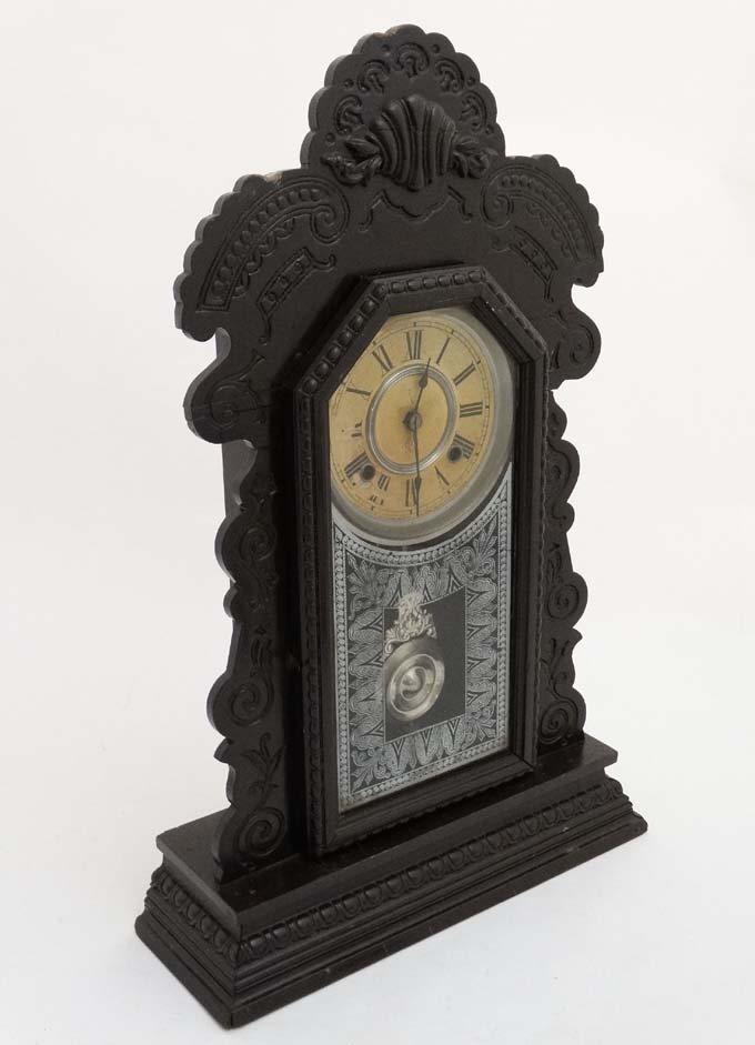 American Clock : ' Ansonia Clock Co ' a late 19thC ebonised 8 day 6" dial clock striking on a - Image 5 of 6