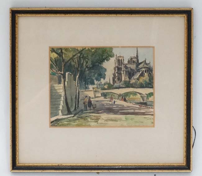 Fernand Lauville XX French, Pen ink and Watercolour, Notre Dame , Paris , on the banks of the Seine,