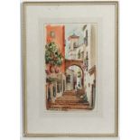 C Sanchei 1966 Spanish, Watercolour, ' Benidorm ' street steps, Signed ,