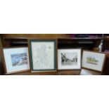 Assorted pictures to include a print Whielden Street Old Amersham, coastal watercolours,