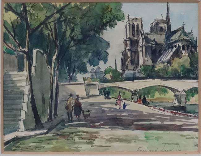 Fernand Lauville XX French, Pen ink and Watercolour, Notre Dame , Paris , on the banks of the Seine, - Image 6 of 6