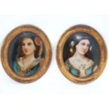 Victorian, Convex reverse glass ovals , a pair, Portrait busts of young women, In gilt oval frames.