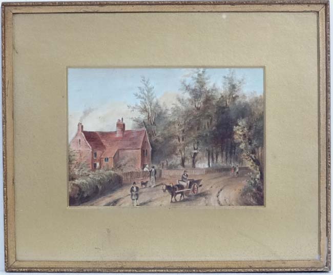 XIX English School, Watercolour, Horse and cart passing a house with figures, 5 x 7".