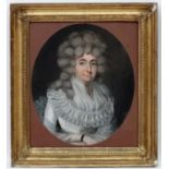 XVIII English School, Pastel oval, Portrait of a noble lady wearing a lace trimmed dress,