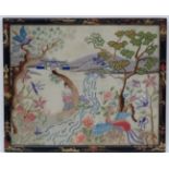 1930's Chinoiserie needlework, Silk crewel work , Japanese landscape, In a laquered frame,