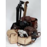 Assorted vintage cameras, tripods,