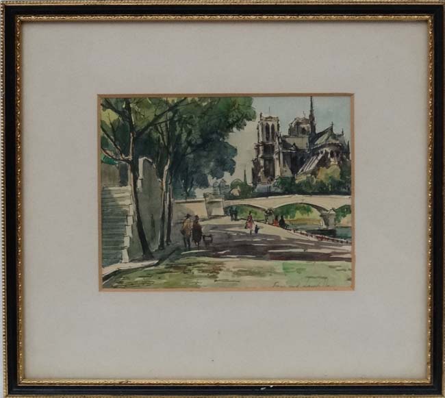 Fernand Lauville XX French, Pen ink and Watercolour, Notre Dame , Paris , on the banks of the Seine, - Image 4 of 6