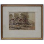 A Breckner XX-XIX, Watercolour, Figures stood by a stone built farm, Signed lower left.