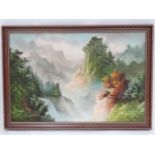 W Dossi XX, Oil on canvas, Waterfall in the mountains, Signed lower left.