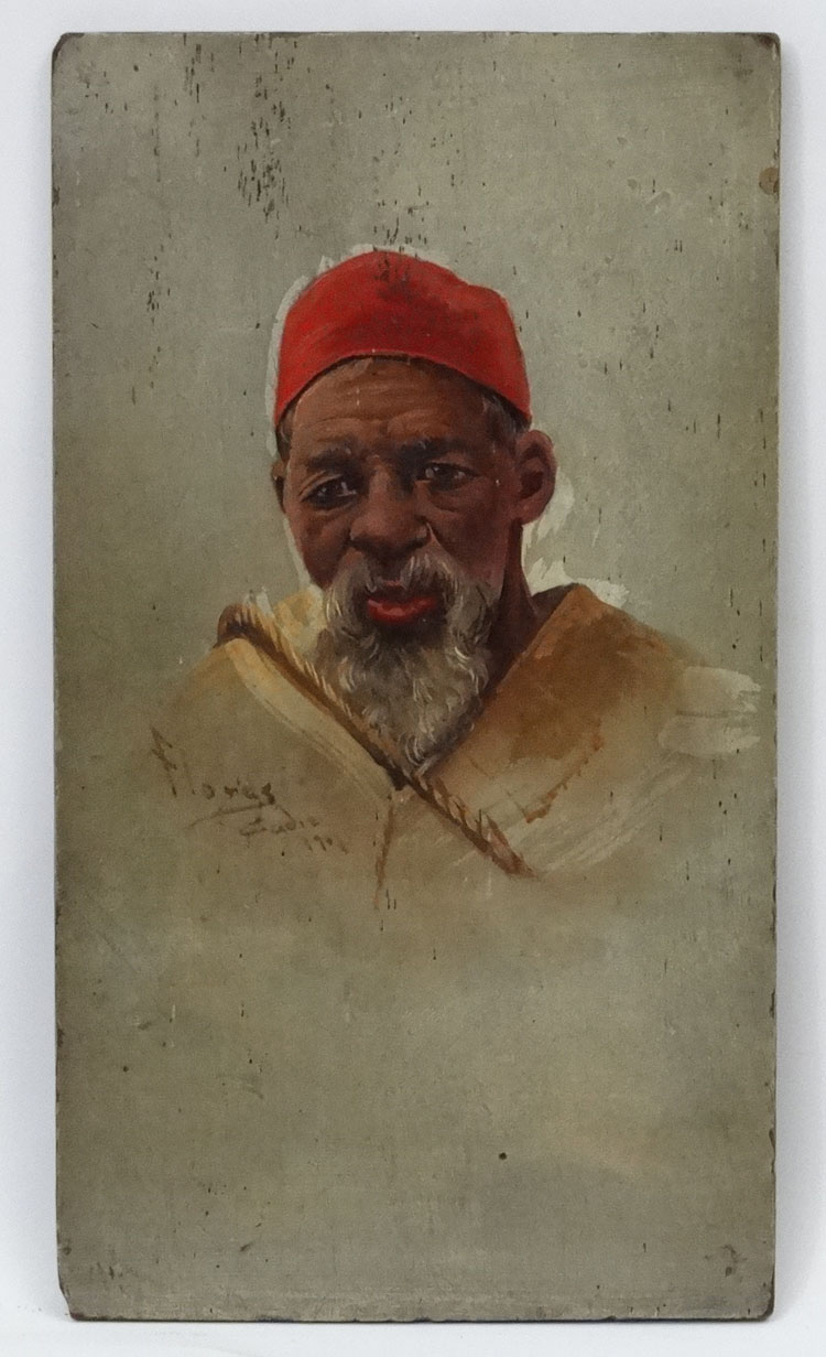 Flories 1901, Oil on hardwood fielded panel, A Morroccan figure wearing a fez,