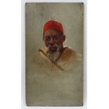 Flories 1901, Oil on hardwood fielded panel, A Morroccan figure wearing a fez,