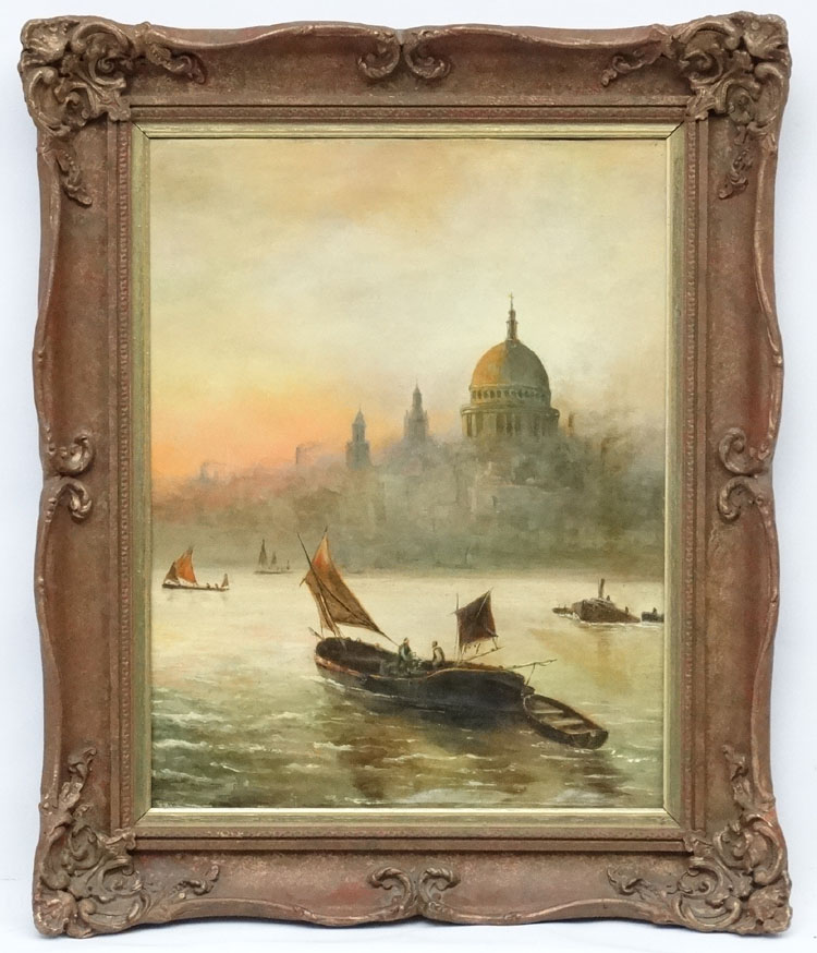 Early XIX English School, Oil on canvas laid on board' On the Thames with St Paul's.