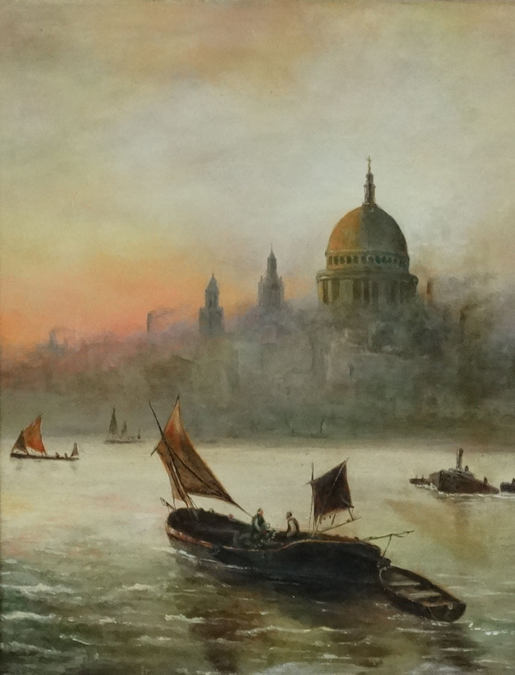 Early XIX English School, Oil on canvas laid on board' On the Thames with St Paul's. - Image 4 of 5