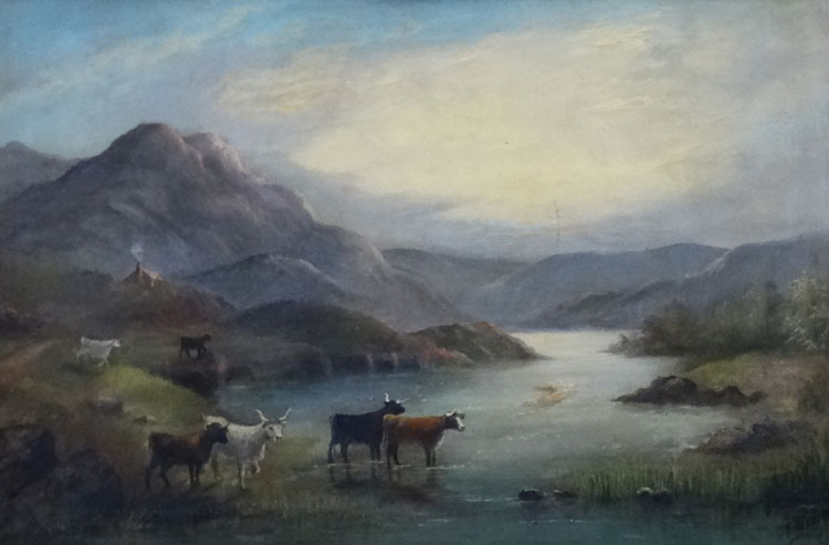 Joseph Gourd XIX Scottish School, Oil on canvas, Scottish Highland landscape with Highland cattle, - Image 3 of 4