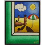 Philip D Quille XX, Oil on board, ' Figures on a Beach ', Labelled verso.