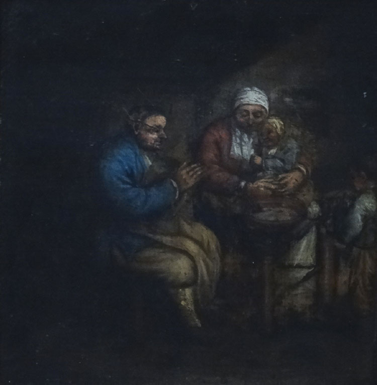 XVIII Flemish School, Oil on fielded oak panel, A family in an interior. - Image 3 of 3