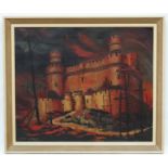 Dan Escott c.1955, Oil on canvas, A crusades castle in the evening, Signed lower left.