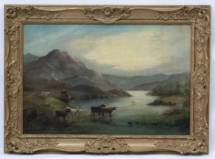 Joseph Gourd XIX Scottish School, Oil on canvas, Scottish Highland landscape with Highland cattle,