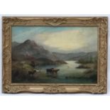 Joseph Gourd XIX Scottish School, Oil on canvas, Scottish Highland landscape with Highland cattle,