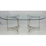 Mid Century : a large glass topped Dining Table with twin triple pedestals ( each of three clear