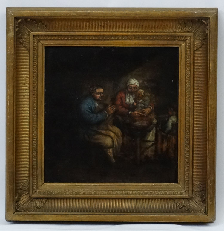 XVIII Flemish School, Oil on fielded oak panel, A family in an interior.