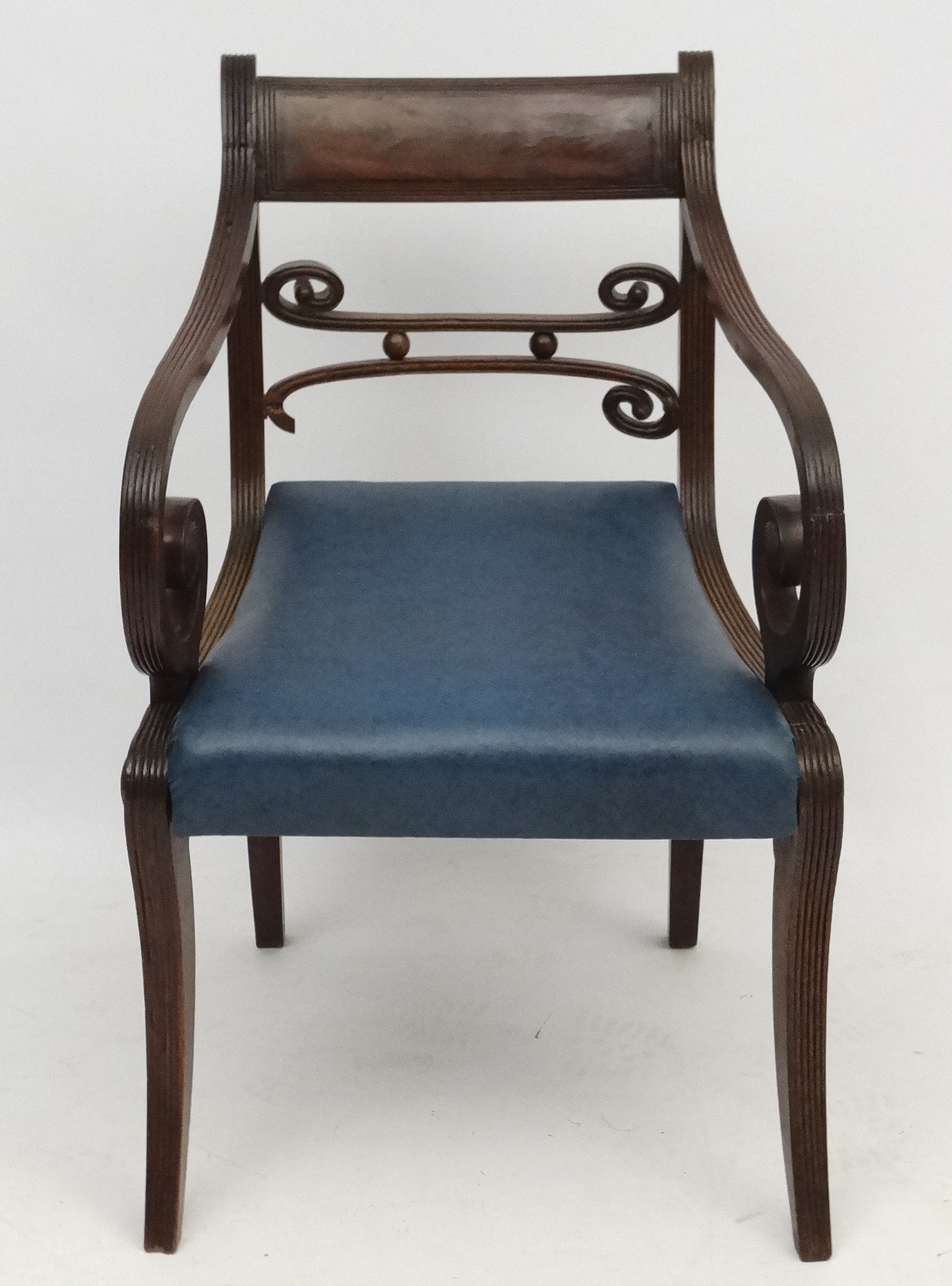 A Regency mahogany open arm / carver chair with sabre legs and drop in seats 32 1/2" high - Image 3 of 5
