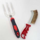 Stainless steel garden hand fork + wire brush CONDITION: Please Note - we do not