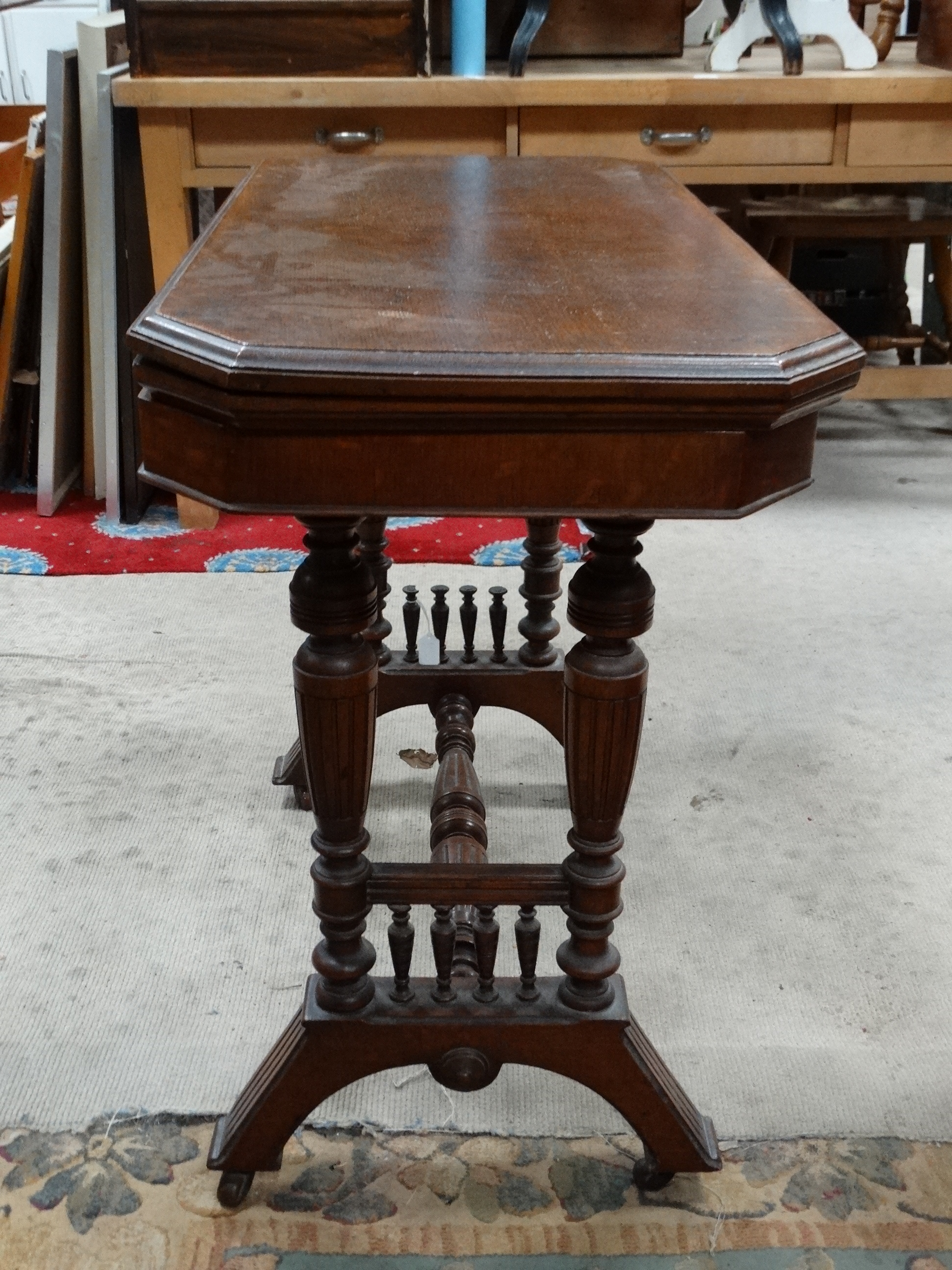 A Victorian stained oak card table with fold over and twist top and gold tooled burgundy leather - Image 3 of 5
