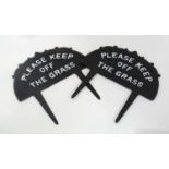 Pair 21st C painted cast metal 'Please keep of the grass' signs (2) CONDITION:
