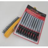 A 10 piece needle file set + a wire brush CONDITION: Please Note - we do not make