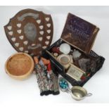 Box of assorted miscellaneous item to include a sporting shield, vintage doll,