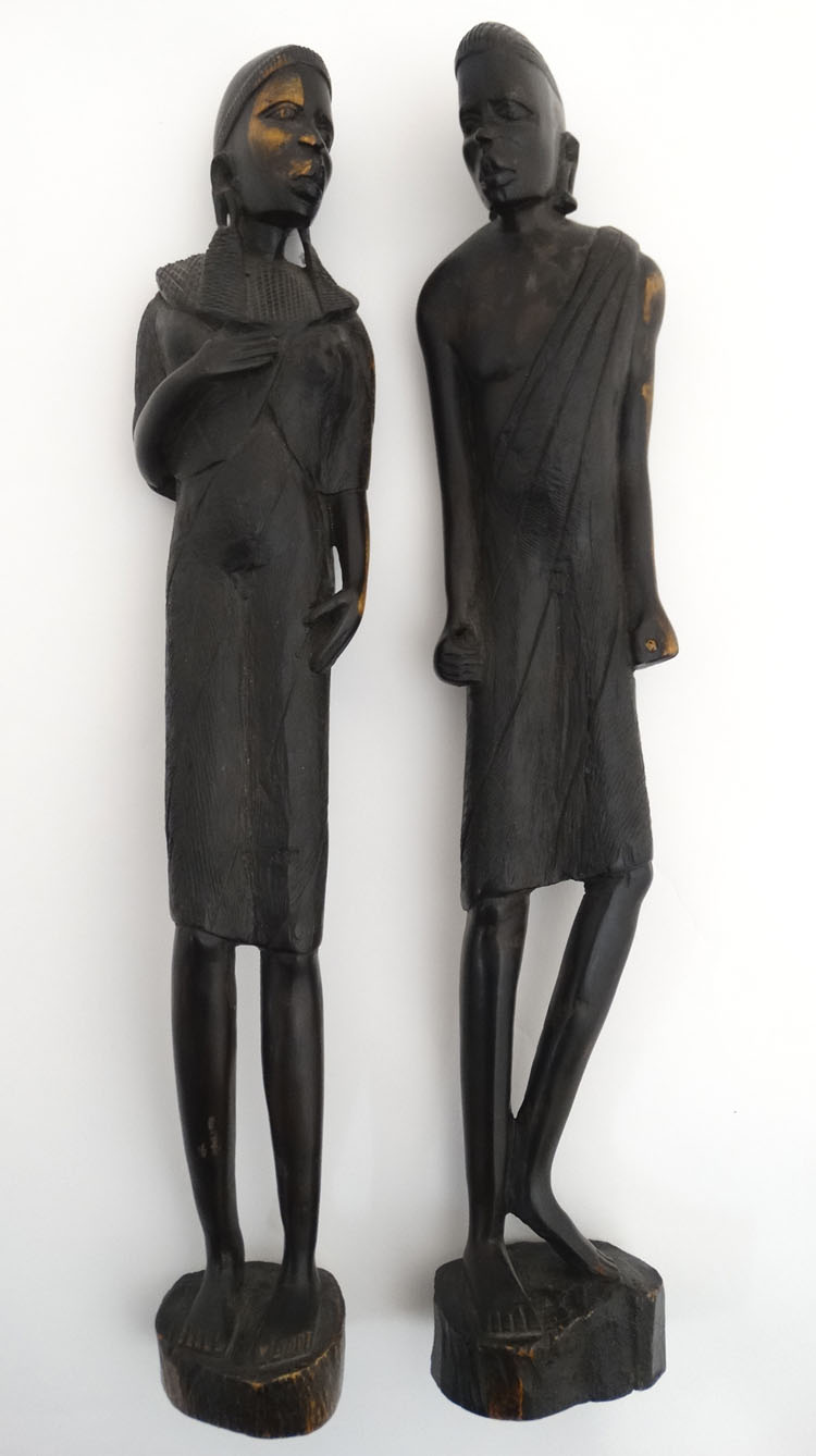 Ethnographic Native Tribal : a pair of carved figures ,standing 18" high.