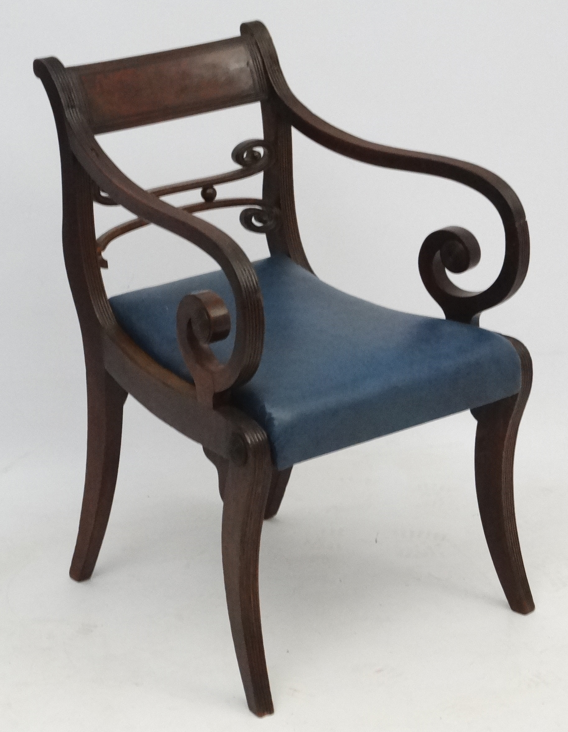 A Regency mahogany open arm / carver chair with sabre legs and drop in seats 32 1/2" high - Image 2 of 5