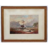 XIX English School, Oil on canvas laid on board, Coast with beached two masted fishing boats,