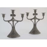 Decorative Metalware : ' Zinn-Stube' A pair of cast pewter 3-branch candleabara with Art Nouveau