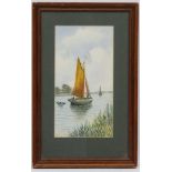 J Russell XX, Watercolour, Sailing boat and tender possibly on a Broad, Signed lower left,