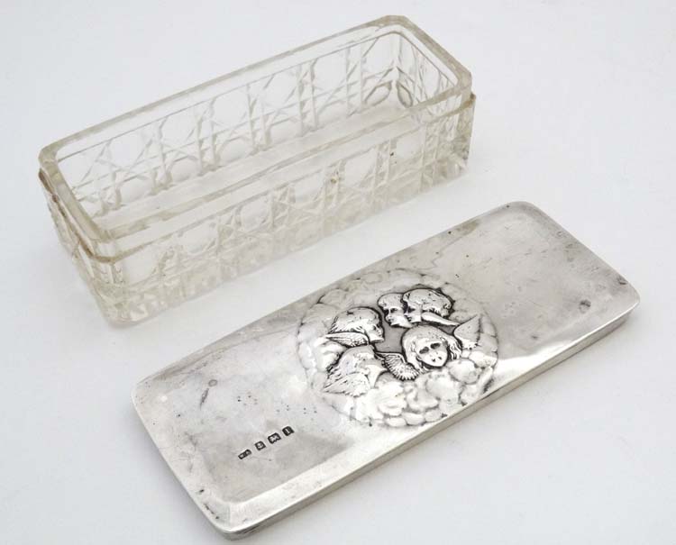 A cut glass dressing table pot with silver top having embossed angel decoration. - Image 5 of 6